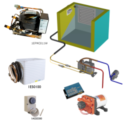 Frigomatic Milano 24 Volt pump water cooled refrigeration kit, 200B Series B Box Evaporator - max volume fridge to 220 Litres Freezer 80 Litres, Fridge/Freezer full range mechanical thermostat