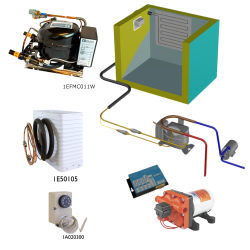 Frigomatic Milano 24 Volt pump water cooled refrigeration kit, 340B Series B Box Evaporator - max volume fridge to 340 Litres Freezer 100 Litres, Fridge/Freezer full range mechanical thermostat