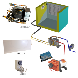 Frigomatic Milano 24 Volt pump water cooled refrigeration kit, 380F Series F Plate evaporator - max volume Fridge 380 Litres Freezer 120 Litres, Fridge/Freezer full range mechanical thermostat