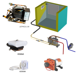 Frigomatic Milano 12 Volt pump water cooled refrigeration kit, 130H Series H Box Evaporator - max volume fridge to 120 Litres Freezer 40 Litres, Fridge thermostat (mechanical)