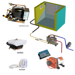 Frigomatic Milano 24 Volt pump water cooled refrigeration kit, 130H Series H Box Evaporator - max volume fridge to 120 Litres Freezer 40 Litres, Fridge thermostat (mechanical)