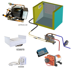 Frigomatic Milano 24 Volt pump water cooled refrigeration kit, 200H Series H Box Evaporator - max volume fridge to 280 Litres Freezer 80 Litres, Fridge thermostat (mechanical)