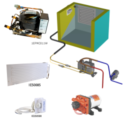 Frigomatic Milano 12 Volt pump water cooled refrigeration kit, 130F Series F Plate evaporator - max volume Fridge 160 Litres Freezer 60 Litres, Fridge thermostat (mechanical)