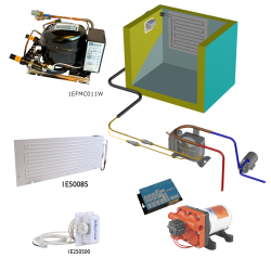 Frigomatic Milano 24 Volt pump water cooled refrigeration kit, 130F Series F Plate evaporator - max volume Fridge 160 Litres Freezer 60 Litres, Fridge thermostat (mechanical)