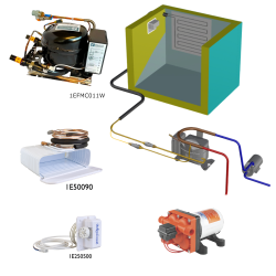 Frigomatic Milano 12 Volt pump water cooled refrigeration kit, 160H Series H Box Evaporator - max volume fridge to 180 Litres Freezer 50 Litres, Fridge thermostat (mechanical)
