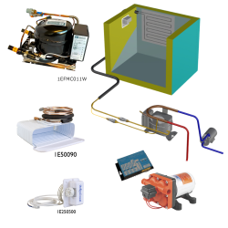 Frigomatic Milano 24 Volt pump water cooled refrigeration kit, 160H Series H Box Evaporator - max volume fridge to 180 Litres Freezer 50 Litres, Fridge thermostat (mechanical)