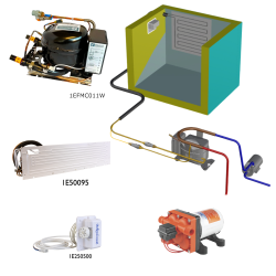 Frigomatic Milano 12 Volt pump water cooled refrigeration kit, 160F Series F Plate evaporator - max volume Fridge 180 Litres Freezer 70 Litres, Fridge thermostat (mechanical)