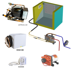 Frigomatic Milano 12 Volt pump water cooled refrigeration kit, 200B Series B Box Evaporator - max volume fridge to 220 Litres Freezer 80 Litres, Fridge thermostat (mechanical)
