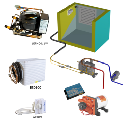 Frigomatic Milano 24 Volt pump water cooled refrigeration kit, 200B Series B Box Evaporator - max volume fridge to 220 Litres Freezer 80 Litres, Fridge thermostat (mechanical)