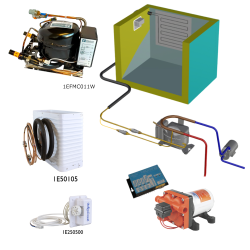 Frigomatic Milano 24 Volt pump water cooled refrigeration kit, 340B Series B Box Evaporator - max volume fridge to 340 Litres Freezer 100 Litres, Fridge thermostat (mechanical)
