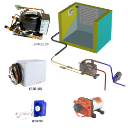 Frigomatic Milano 12 Volt pump water cooled refrigeration kit, 200B Series B Box Evaporator - max volume fridge to 220 Litres Freezer 80 Litres, Freezer thermostat (mechanical)