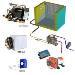 Frigomatic Milano 24 Volt pump water cooled refrigeration kit, 200B Series B Box Evaporator - max volume fridge to 220 Litres Freezer 80 Litres, Freezer thermostat (mechanical)