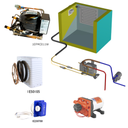 Frigomatic Milano 12 Volt pump water cooled refrigeration kit, 340B Series B Box Evaporator - max volume fridge to 340 Litres Freezer 100 Litres, Freezer thermostat (mechanical)