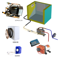 Frigomatic Milano 24 Volt pump water cooled refrigeration kit, 340B Series B Box Evaporator - max volume fridge to 340 Litres Freezer 100 Litres, Freezer thermostat (mechanical)