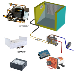 Frigomatic Milano 24 Volt pump water cooled refrigeration kit, 200H Series H Box Evaporator - max volume fridge to 280 Litres Freezer 80 Litres, Digital Fridge/Freezer Thermostat