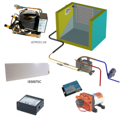 Frigomatic Milano 24 Volt pump water cooled refrigeration kit, 200F Series F Plate evaporator - max volume Fridge 300 Litres Freezer 120 Litres, Digital Fridge/Freezer Thermostat