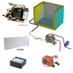 Frigomatic Milano 12 Volt pump water cooled refrigeration kit, 130F Series F Plate evaporator - max volume Fridge 160 Litres Freezer 60 Litres, Digital Fridge/Freezer Thermostat