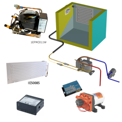 Frigomatic Milano 24 Volt pump water cooled refrigeration kit, 130F Series F Plate evaporator - max volume Fridge 160 Litres Freezer 60 Litres, Digital Fridge/Freezer Thermostat