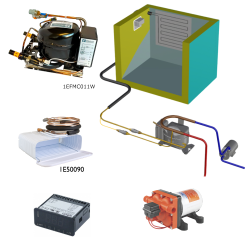 Frigomatic Milano 12 Volt pump water cooled refrigeration kit, 160H Series H Box Evaporator - max volume fridge to 180 Litres Freezer 50 Litres, Fridge thermostat (mechanical)