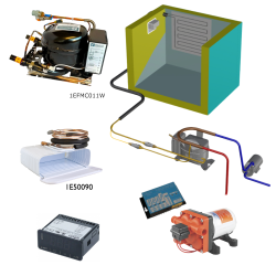 Frigomatic Milano 24 Volt pump water cooled refrigeration kit, 160H Series H Box Evaporator - max volume fridge to 180 Litres Freezer 50 Litres, Fridge thermostat (mechanical)