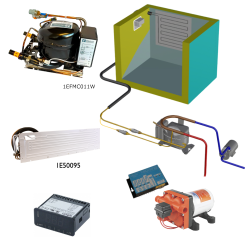 Frigomatic Milano 24 Volt pump water cooled refrigeration kit, 160F Series F Plate evaporator - max volume Fridge 180 Litres Freezer 70 Litres, Digital Fridge/Freezer Thermostat