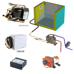 Frigomatic Milano 12 Volt pump water cooled refrigeration kit, 200B Series B Box Evaporator - max volume fridge to 220 Litres Freezer 80 Litres, Digital Fridge/Freezer Thermostat
