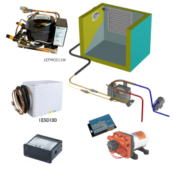 Frigomatic Milano 24 Volt pump water cooled refrigeration kit, 200B Series B Box Evaporator - max volume fridge to 220 Litres Freezer 80 Litres, Digital Fridge/Freezer Thermostat