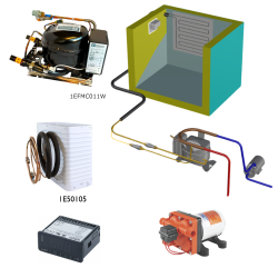 Frigomatic Milano 12 Volt pump water cooled refrigeration kit, 340B Series B Box Evaporator - max volume fridge to 340 Litres Freezer 100 Litres, Digital Fridge/Freezer Thermostat