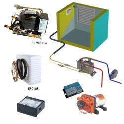 Frigomatic Milano 24 Volt pump water cooled refrigeration kit, 340B Series B Box Evaporator - max volume fridge to 340 Litres Freezer 100 Litres, Digital Fridge/Freezer Thermostat