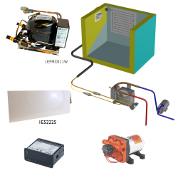 Frigomatic Milano 12 Volt pump water cooled refrigeration kit, 380F Series F Plate evaporator - max volume Fridge 380 Litres Freezer 120 Litres, Digital Fridge/Freezer Thermostat
