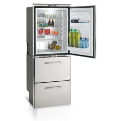 DW360 301 Litre Front opening fridge / Twin drawer freezer, Brushed stainless steel door and fitting frame, 12/24Volt