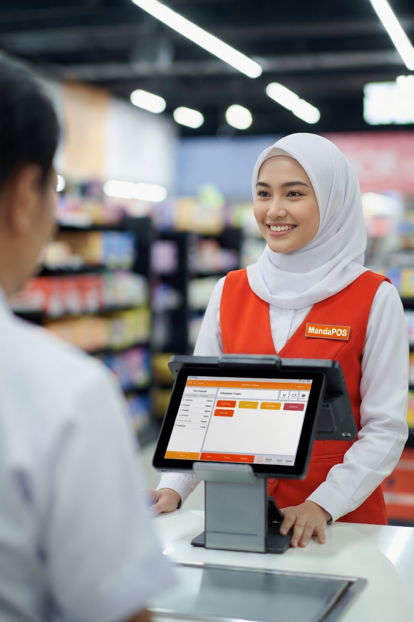 Tampilan antarmuka kasir MandaPOS di perangkat tablet