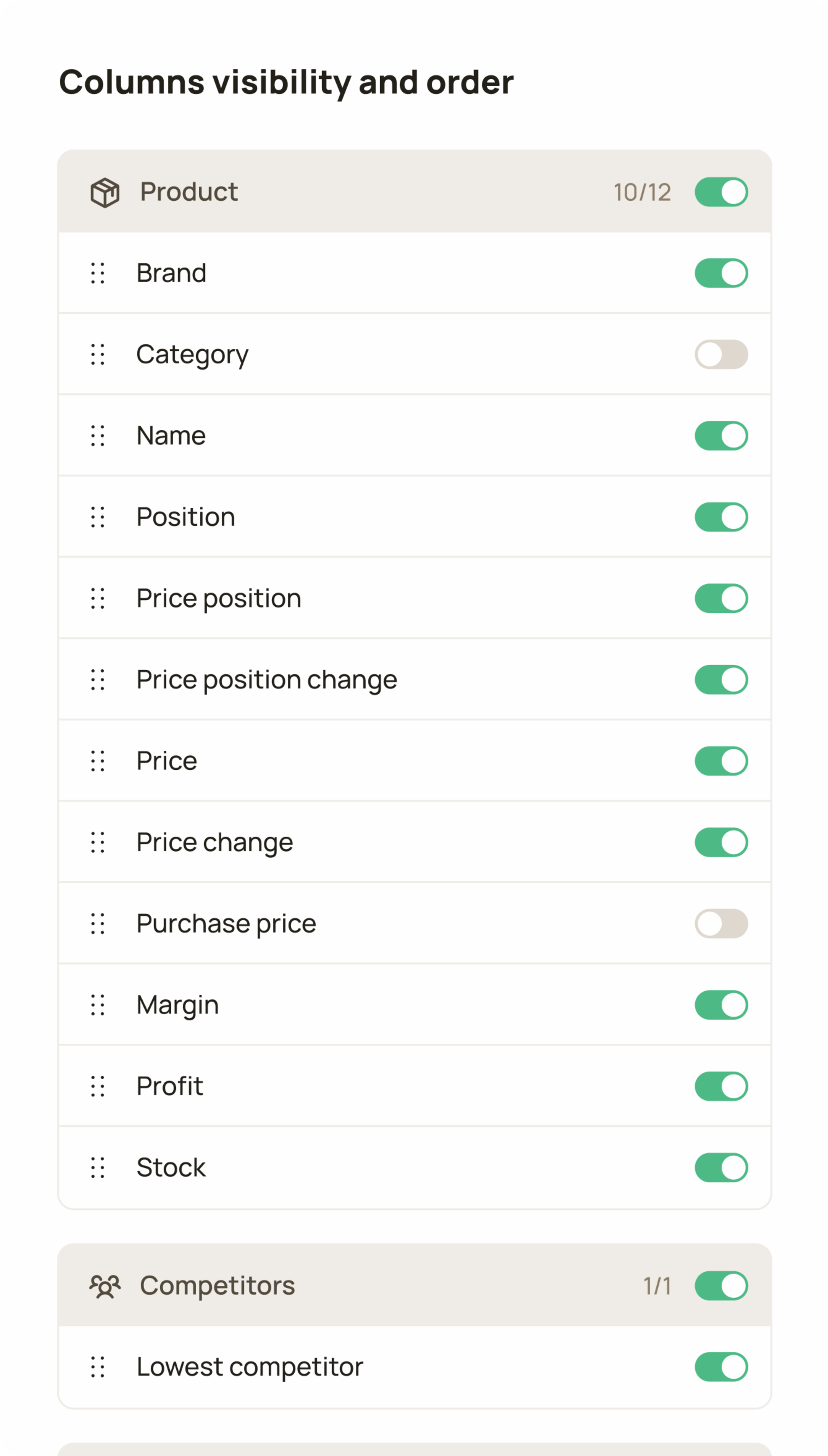 Columns visibility and order