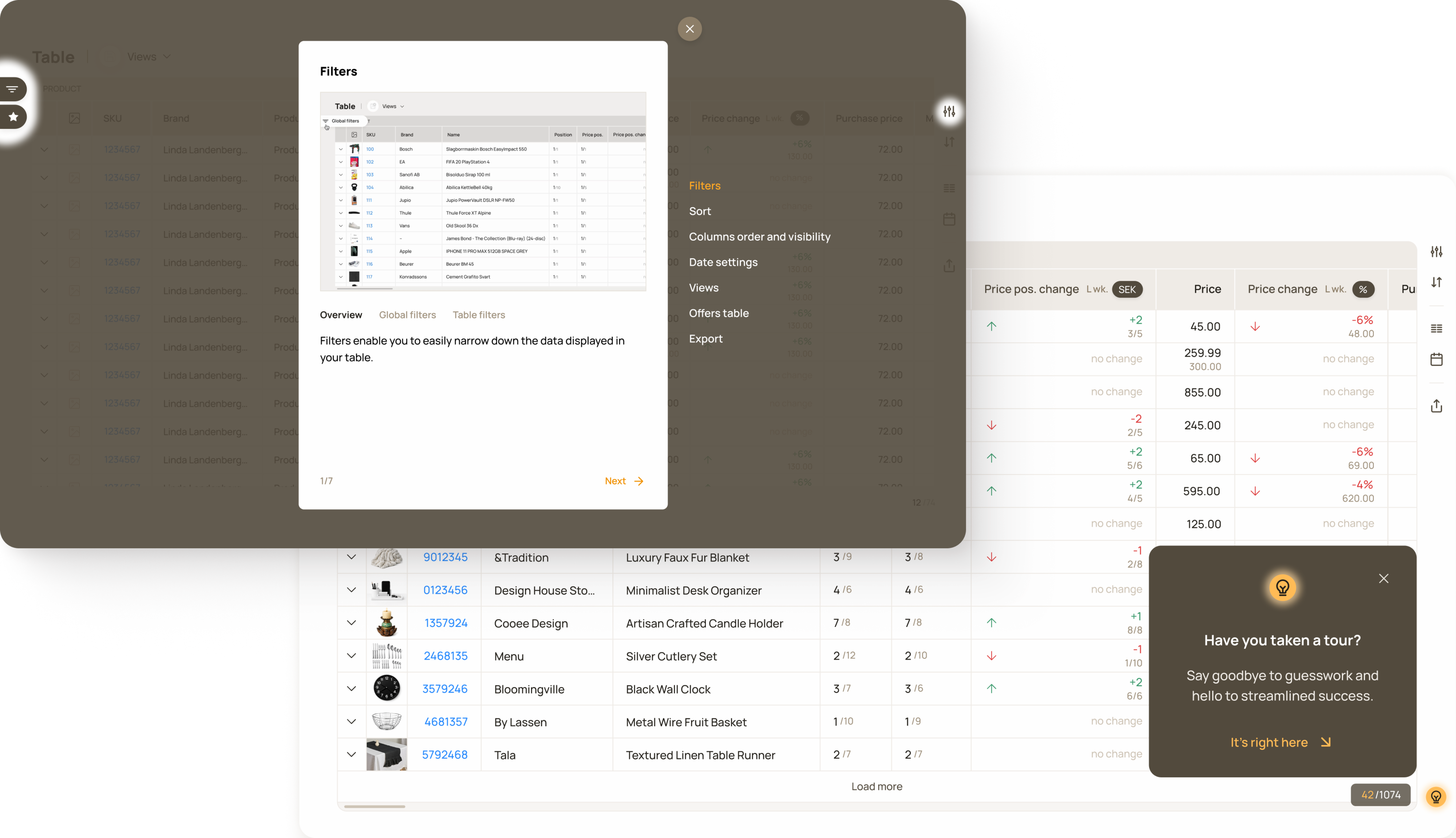 Interactive guidance in the data table