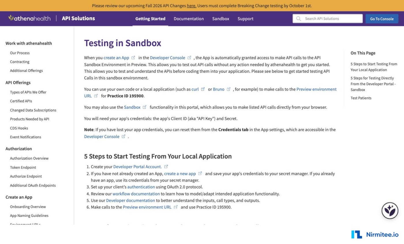 athenahealth Testing in Sandbox documentation showing Preview environment access and Practice ID 195900