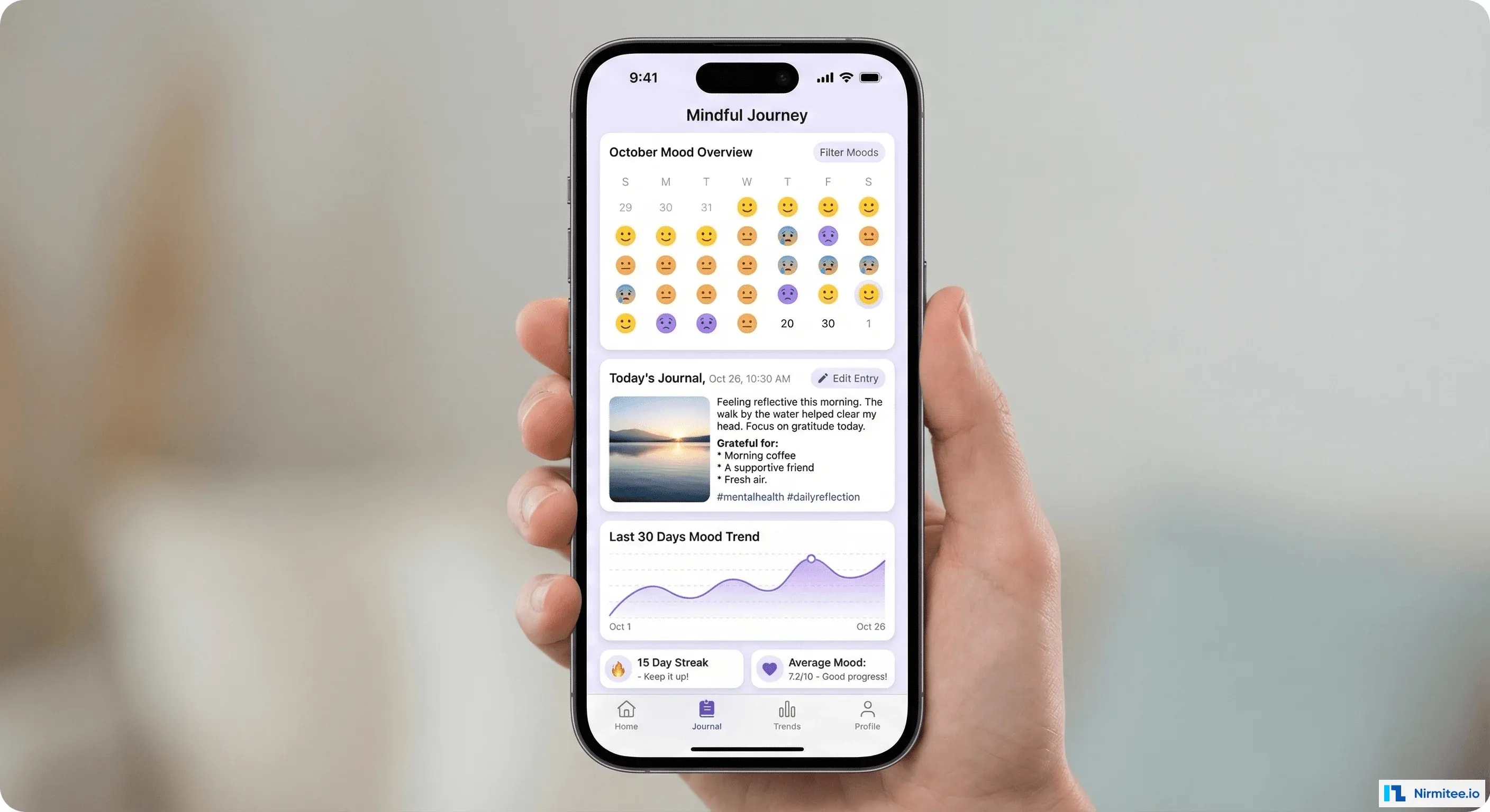 SayHey mood tracking journal - Daily mood entries, emoji timeline, and 30-day trend chart on iPhone