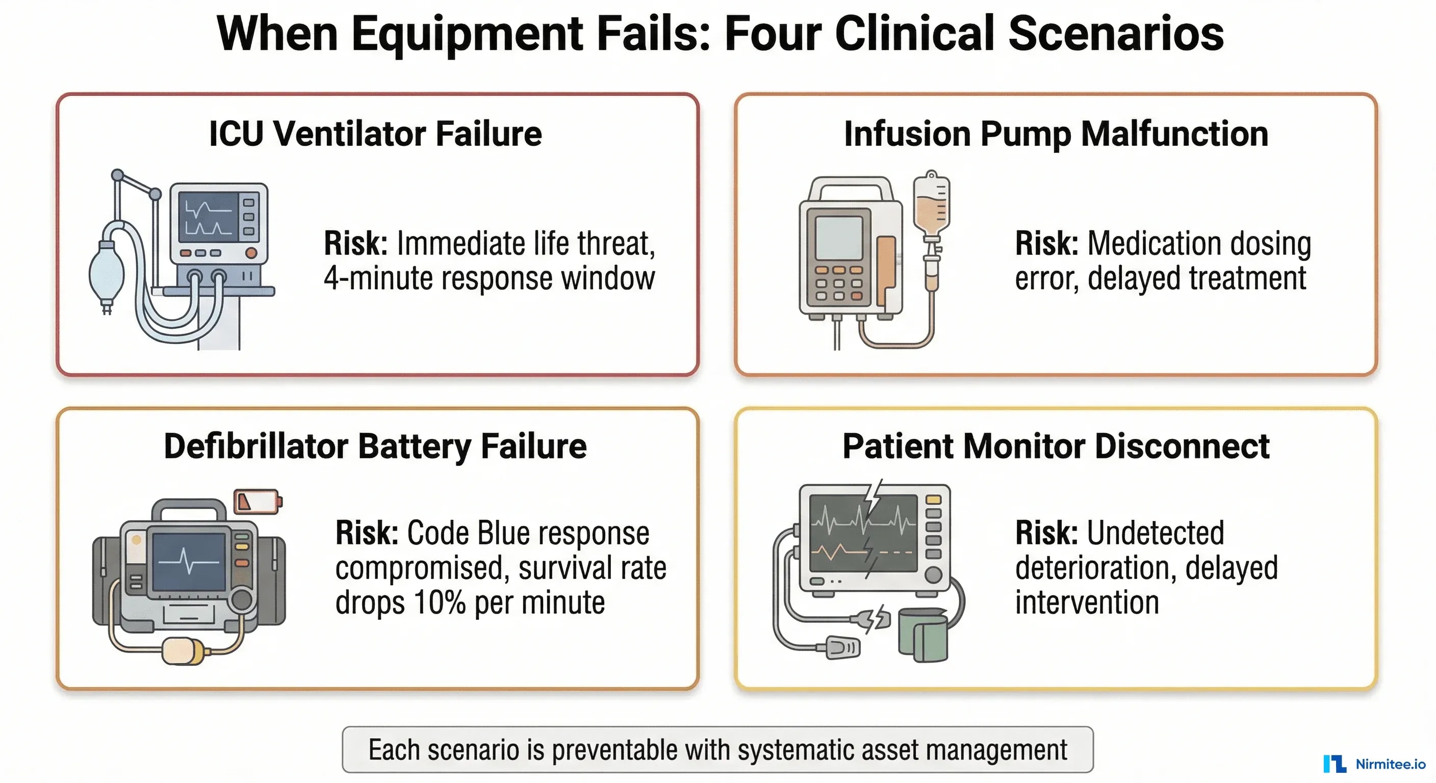 Four clinical scenarios where equipment failure threatens patient safety
