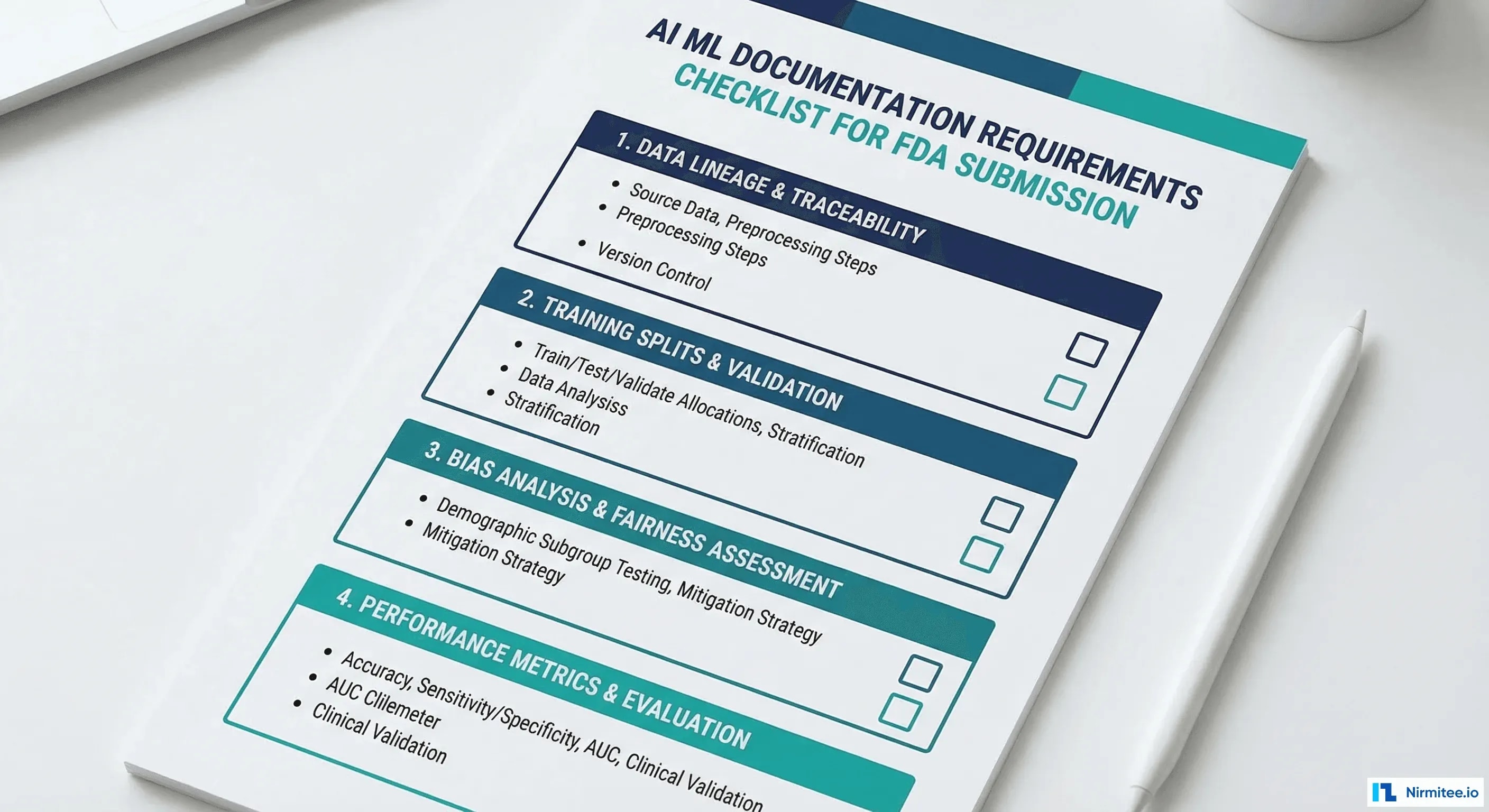 AI/ML documentation requirements for FDA submission: data lineage, training splits, bias analysis