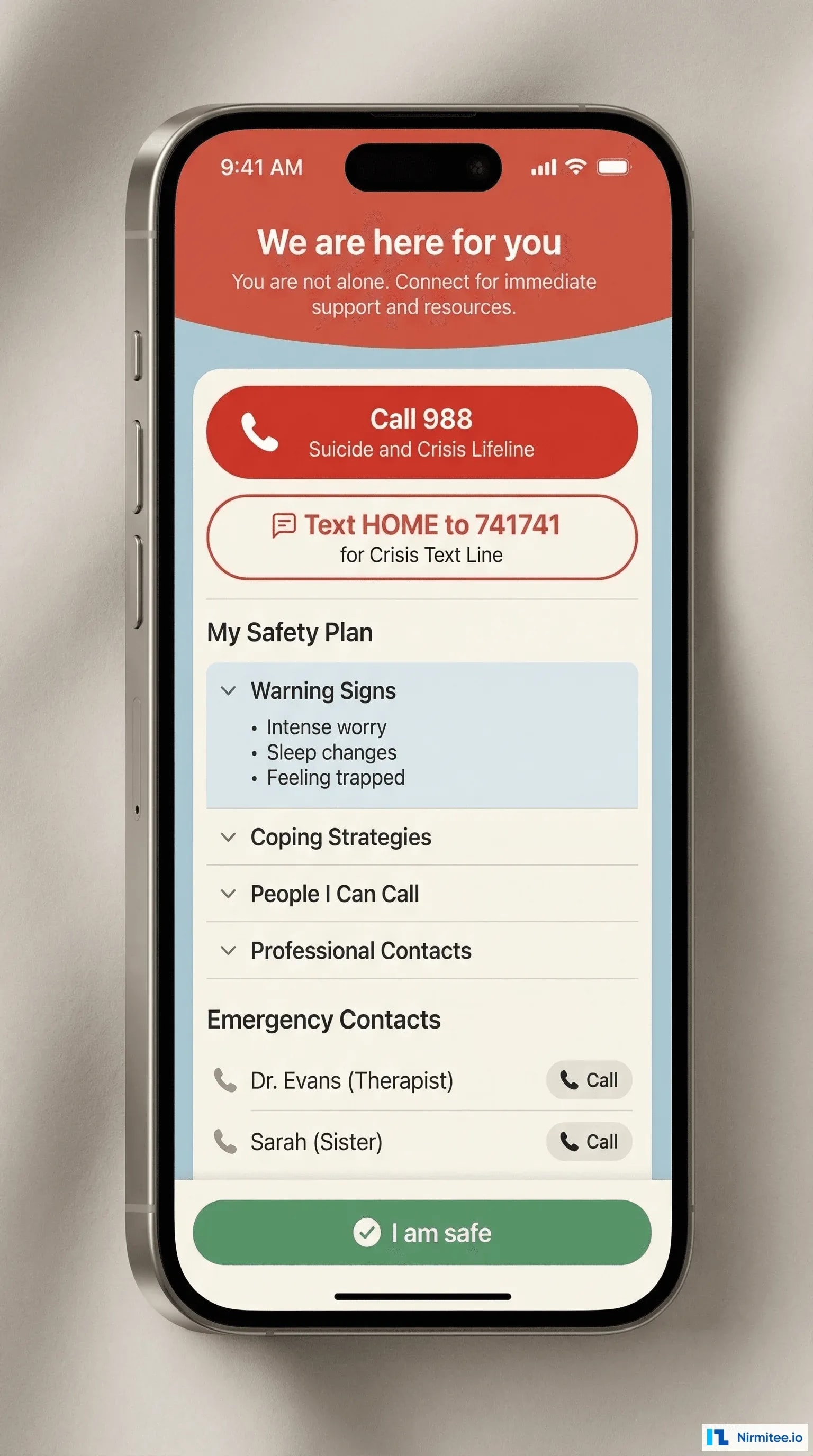 SayHey crisis safety features - Crisis detection screen with 988 Lifeline button