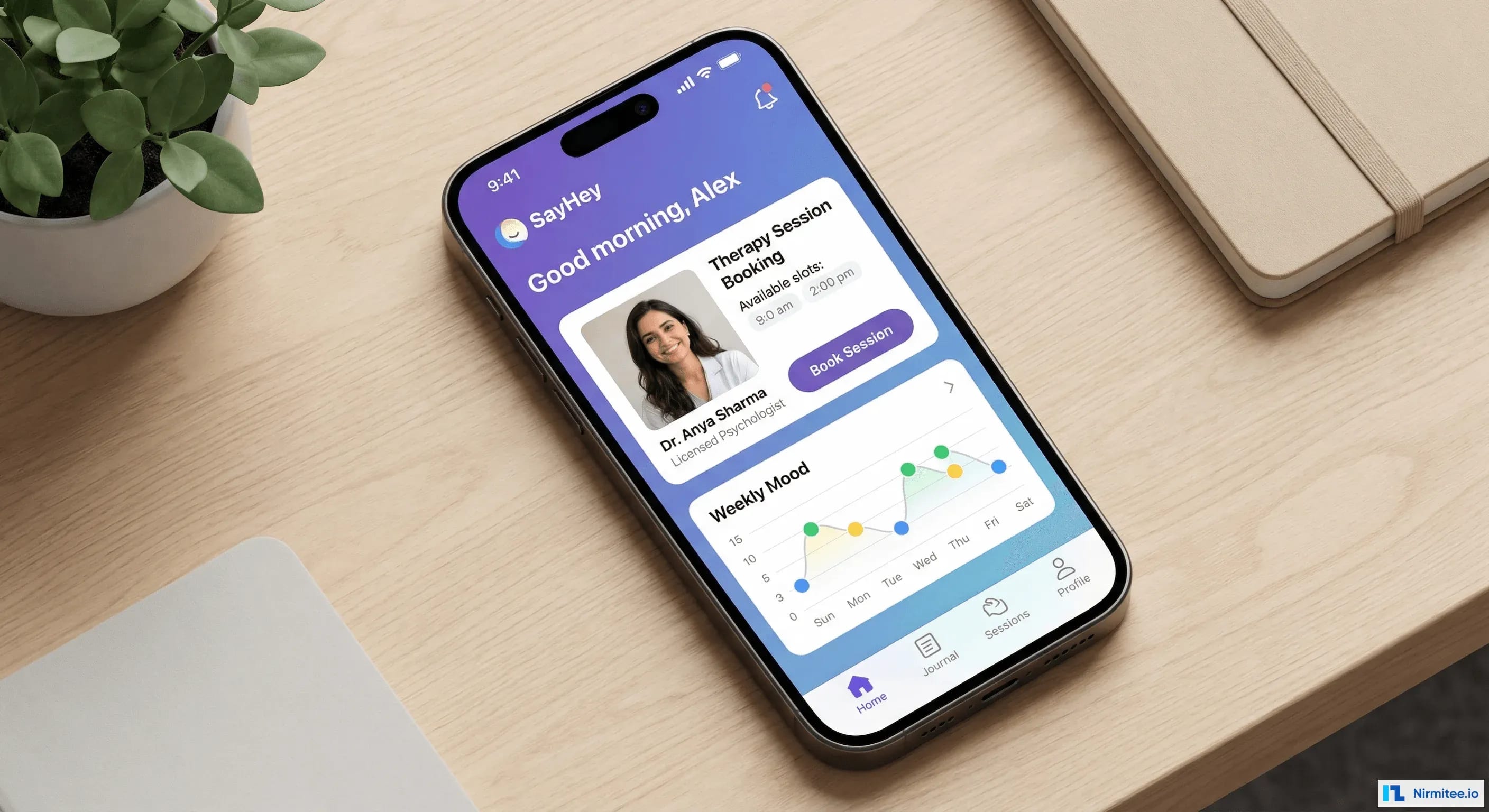 SayHey Mental Health App - Therapy session booking and mood tracking on iPhone