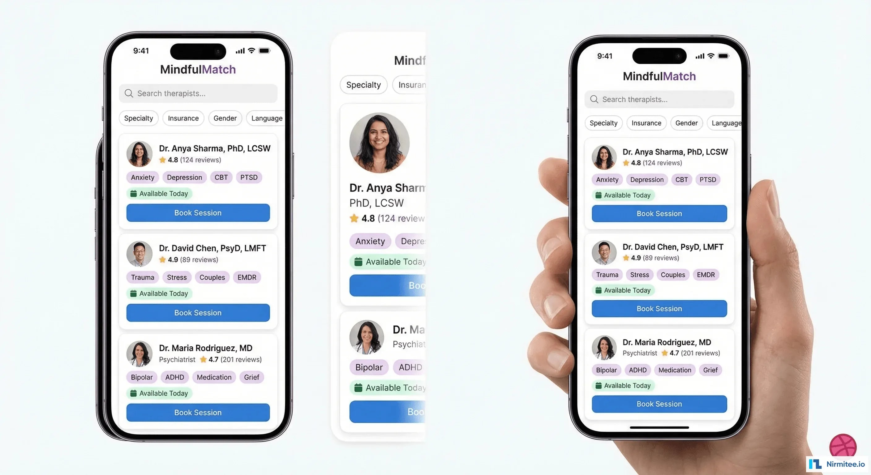 SayHey therapist matching screen - Therapist profiles with specialties, ratings