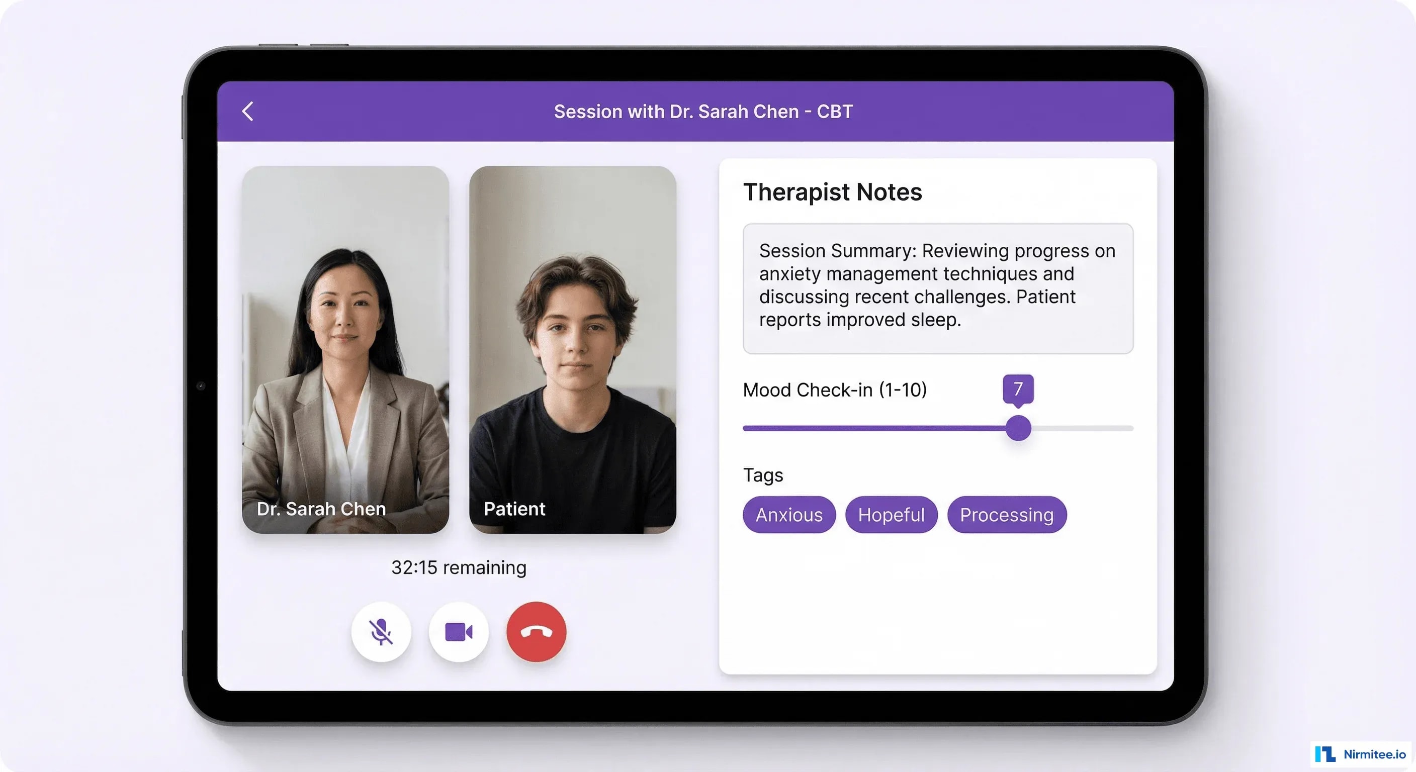 SayHey video therapy session interface - Split screen with video call, mood check-in