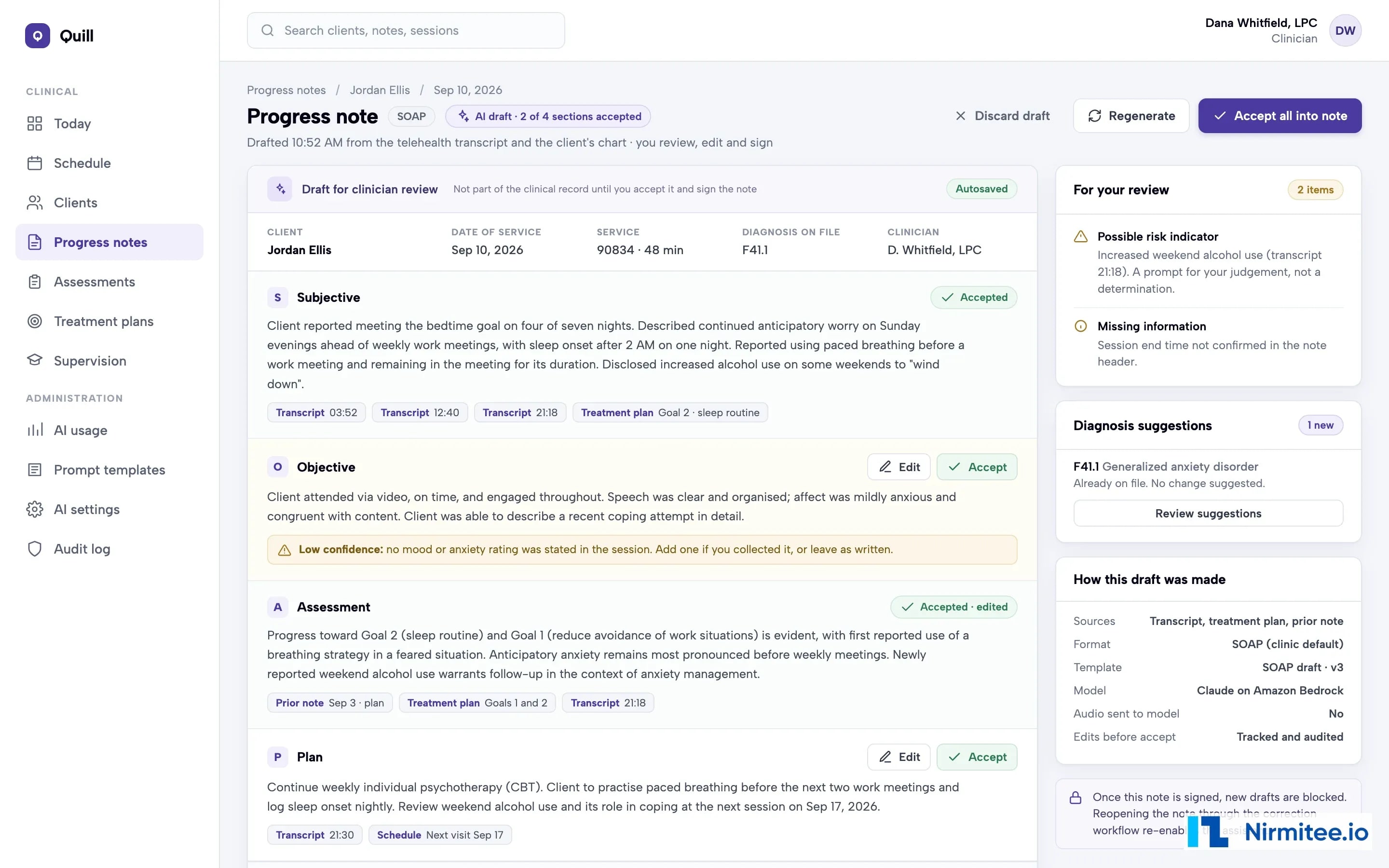 AI progress note draft review screen with sources per section, low-confidence flag, risk prompt and diagnosis suggestions