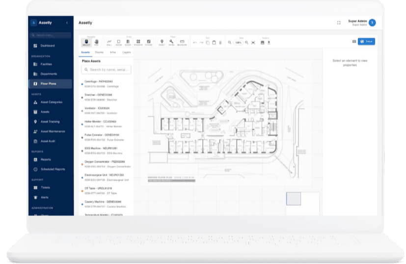 Assetly floor plan screen on a laptop, with a list of hospital equipment to place on the ground floor plan