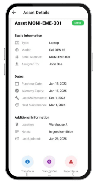 Assetly mobile app asset details screen with serial number, warranty and maintenance dates, and Transfer and Report issue buttons