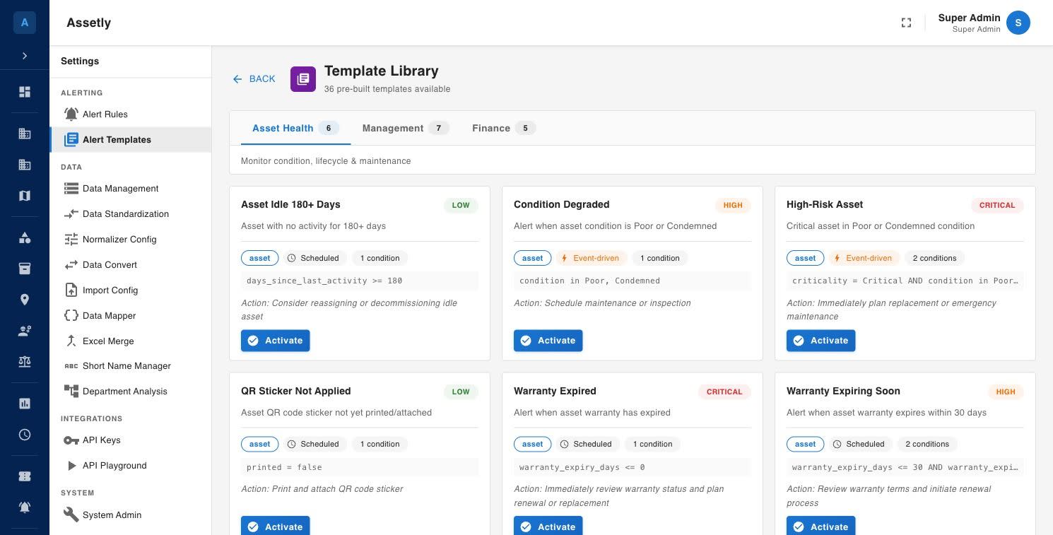 Assetly alert template library with rules such as asset idle for 180 days, condition degraded and QR sticker not applied