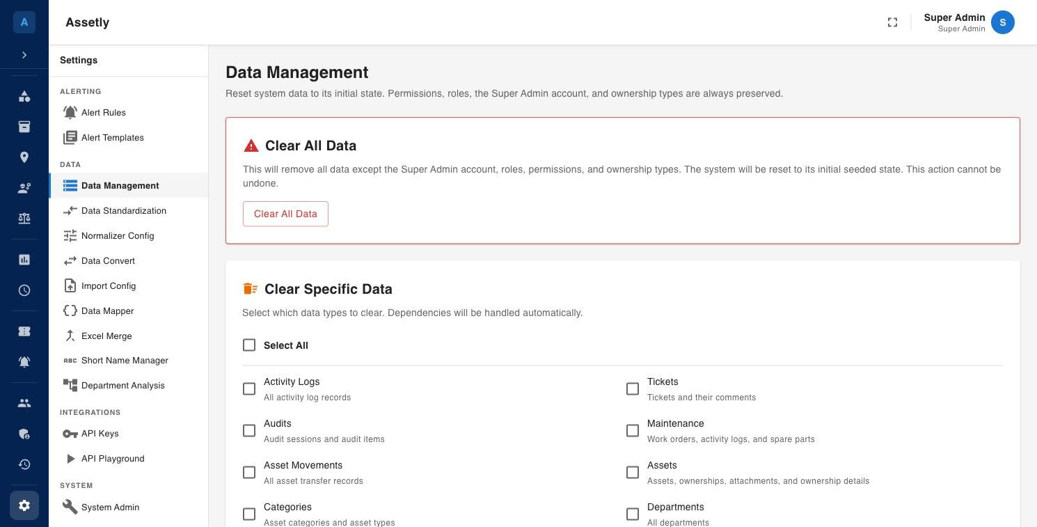Assetly data management settings for clearing test data such as activity logs, audits and asset movements before go-live