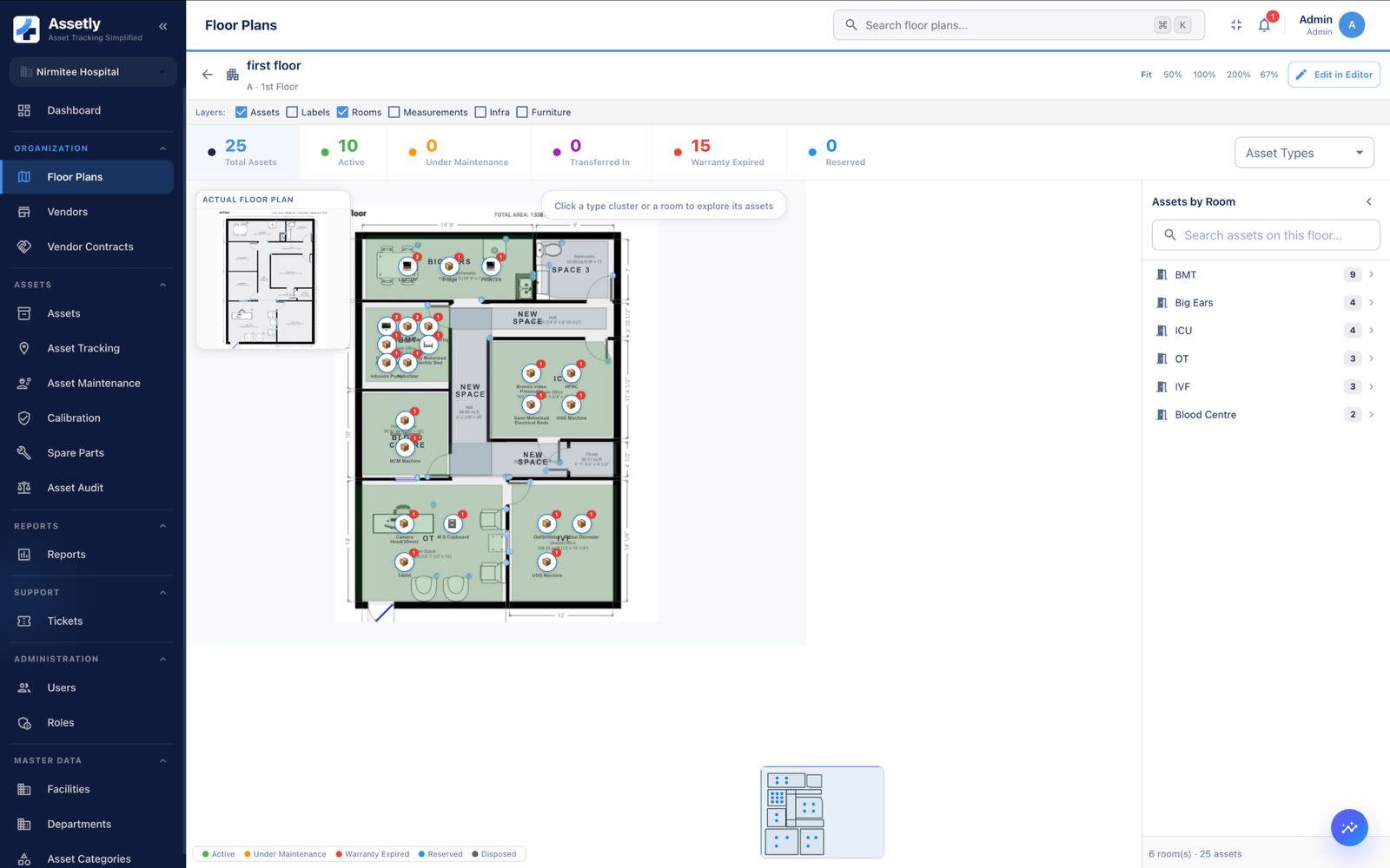 Assetly floor plan with equipment placed in rooms (demo data)