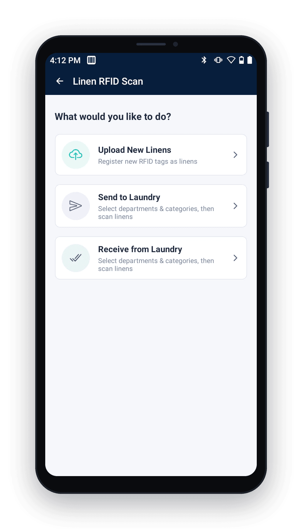 Assetly mobile app Linen RFID Scan menu with Upload New Linens, Send to Laundry and Receive from Laundry