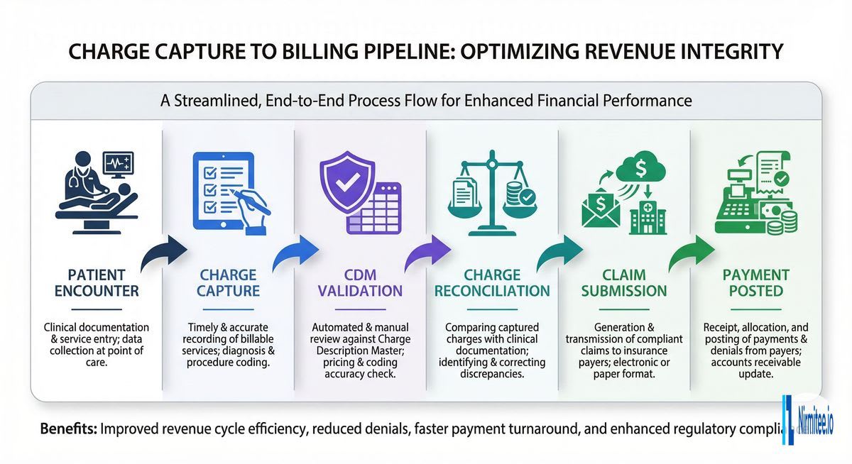 Charge capture to billing pipeline diagram showing the flow from patient encounter through charge capture, CDM validation, charge reconciliation, claim submission, to payment posting in healthcare revenue cycle